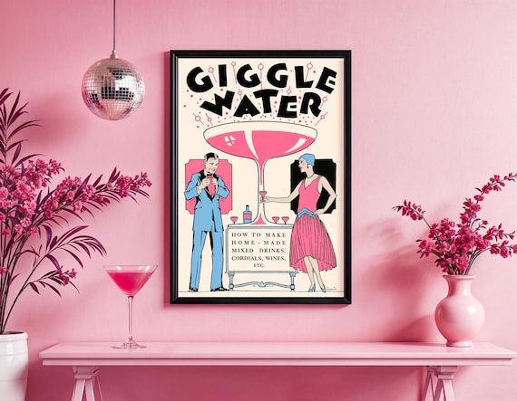 Giggle Water Wall Art Print, Retro Cocktail Poster in Art Deco Style, Vintage Pink Champagne Bar Decor