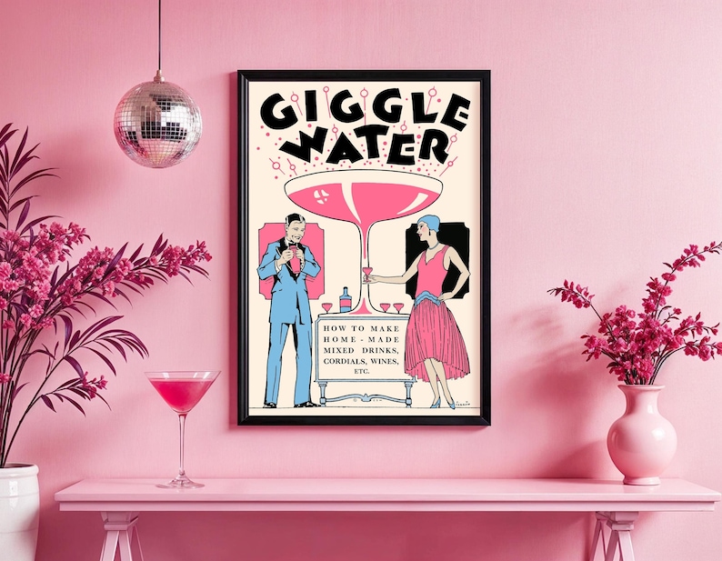 Retro wall art in Art Deco style with champagne theme, perfect for home bar decoration.