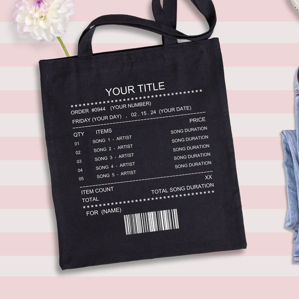 Custom Song Receipt Tote Bag, Tote Bag With Playlist, Personalized Playlist Receipt Tote Bag, Customizable Songs Tote Bag, Playlist Tote Bag