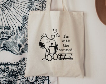 Snoopy Tote Bag, Snoopy Tote, Library Tote Bag, Snoopy Reading Books Tote Bag, Bookish Tote bag, I'm With The Banned Tote Bag, Reading Tote