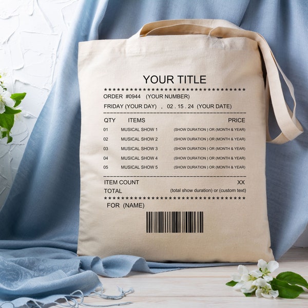 Custom Musical Receipt Tote Bag, Personalized Musical Receipt Tote Bag, Customizable Musical Shows Tote Bag, Custom Musical Shows Tote Bag