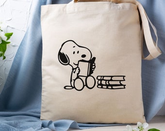 Snoopy Tote Bag, Snoopy Tote, Library Tote Bag, Snoopy Reading Books Tote Bag, Bookish Tote bag, Reading Tote Bag, Reader Tote Bag