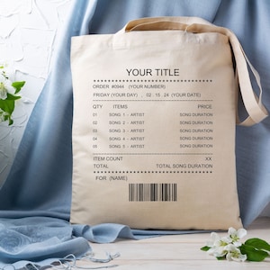 Custom Song Receipt Tote Bag, Tote Bag With Playlist, Personalized Playlist Receipt Tote Bag, Customizable Songs Tote Bag, Playlist Tote Bag