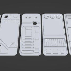 May include: Five white, rectangular phone case designs with various mechanical and technological features. Each case has a unique layout of buttons, sliders, and other components, suggesting a futuristic or industrial aesthetic.