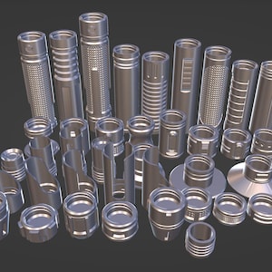 May include: A collection of silver metal flashlight parts, including tubes, caps, and bezels. The parts are arranged in a random pattern on a gray background.