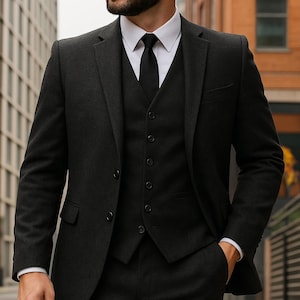 Men Custom Suit Tweed Wool Three Piece Style Black Men&#39;s Suit For Wedding, Winter, Groom Wear And Grooms Men