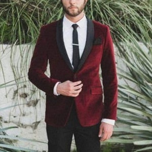Men Bespoke Slim Fit Suit Premium Two Piece Velvet Burgundy/ Maroon Combination  Tuxedo Mens Suit for Wedding, Prom, Groom wear