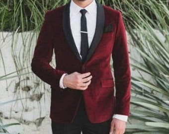 Men Bespoke Slim Fit Suit Premium Two Piece Velvet Burgundy/ Maroon Combination  Tuxedo Mens Suit for Wedding, Prom, Groom wear