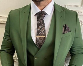 Menista グリーン スリーピース スーツ、男性用、スタイリッシュな新郎
