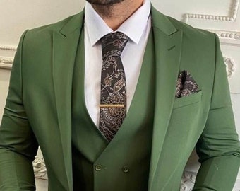 Traje de tres piezas para hombre: corte ajustado, verde bosque (para bodas o eventos formales)