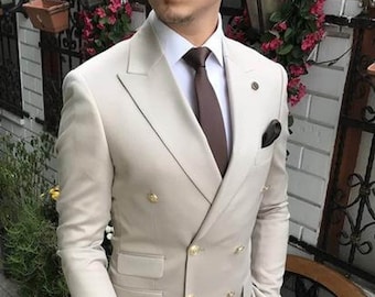 Double-Breasted Men's Suit: Beige Slim Fit (Two-Piece Custom Tailored)