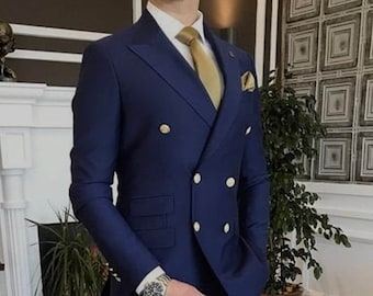 Navy Double-Breasted Suit: Custom Slim Fit Jacket and Trousers