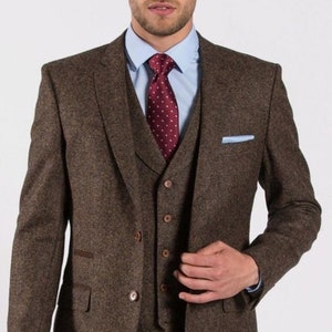 Men Custom Suit Bespoke Tweed Wool Three Piece Vintage Style Brown Men&#39;s Suit For Wedding, Winter, Groom Wear And Grooms Men
