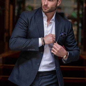 Trendy Custom Men Suit Two Piece Navy Tweed Suit For Wedding, Engagement, Prom, Grooms Wear And Groomsmen & Slim Fit, Gift For Him
