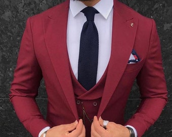 Slim Fit Burgundy Men's Suit - Three Piece Wedding Outfit