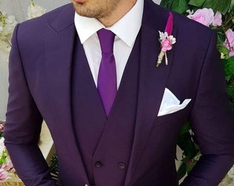 Stylish Three Piece Purple Peak Collar Men's Suit For Wedding Engagement, Prom, Groomswear And Groomsmen