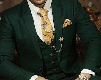 Traje de tres piezas para hombre: Verde oscuro, corte ajustado - Ideal para bodas y fiestas