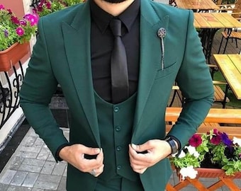 Traje de tres piezas para hombre: corte ajustado, verde oscuro (boda, novio, graduación)