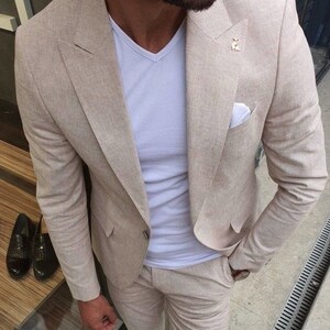 Men Custom Suit Classy Two Piece Beige Men&#39;s Suit For Wedding, Engagement, Anniversary, Prom, Groom Wear and Grooms Men