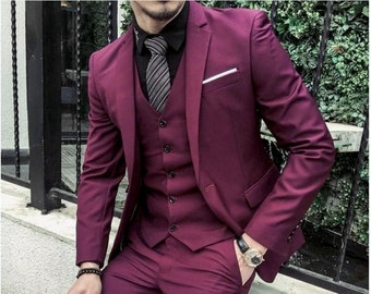 Slim Fit Burgundy Men's Suit - Three-Piece for Weddings