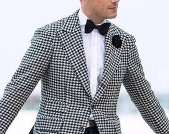Men's Suit Blazer: Black and White Houndstooth - Custom Fit