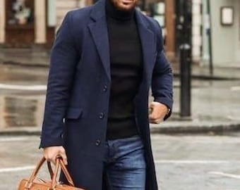 Men Handmade Premium Navy Wool Mens Long Trench Coat for Men Winter, Business&#39; Professional & Casual Wear Gift For Him