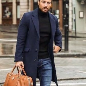 Gabardina larga de lana azul marino para hombre - Abrigo largo de invierno hecho a mano