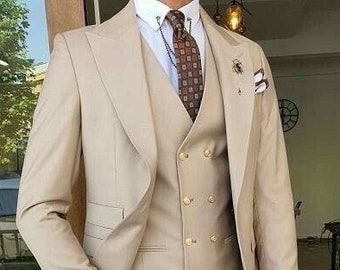 Premium Three Piece Cream Notch Collar Mens Suit For Wedding ,Engagement, Prom, Groomswear And Groomsmen