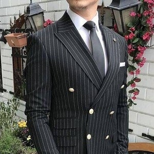 Trendy Custom Suit Double Breasted Black Pin Stripe Double-Breasted Men&#39;s Suit For Wedding Engagement, Prom, Grooms Wear And Grooms Men