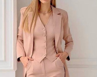 Pink Women's Three-Piece Suit: Blazer, Vest & Trousers