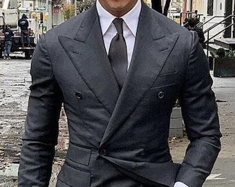 Men Custom Slim Fit Suit Classy Double Breast Two Piece Dark Grey Men&#39;s Suit For Wedding, Engagement, Prom, Groom Wear And Grooms Men