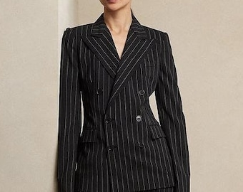 Custom Black Stripe Double-Breasted Suit (Women’s Tailored Office Wear)