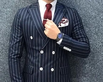 Double-Breasted Suit: Navy Stripe Men's Formalwear (Custom Fit)