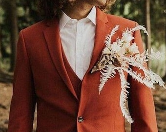 Stylish Three Piece Rust Notch Collar Mens Suit For Wedding, Engagement, Prom, Groomswear And Groomsmen