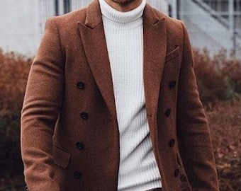 Trench marrone in lana da uomo, lungo cappotto invernale (fatto a mano su misura)