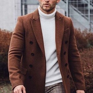 Gabardina marrón de lana para hombre, abrigo largo de invierno (confección a medida).