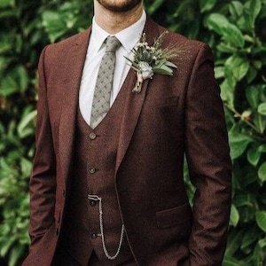 Men Custom Suit Tweed Wool Three Piece Vintage Style Brown Men&#39;s Suit For Wedding, Winter, Groom Wear And Grooms Men