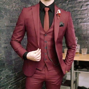 Men Suit Slim Fit Trendy Three Piece Burgundy Mens Suit for Wedding, Engagement, Anniversary, Prom, Groom wear and GroomsMen Suit Slim Fits