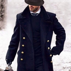 Gabardina azul marino de lana para hombre, cruzada (hecha a mano, corte largo)