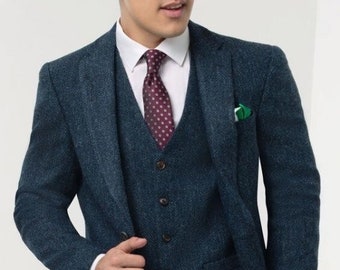 Men Custom Suit Tweed Wool Three Piece Style Navy Men's Suit For Wedding, Winter, Groom Wear and Grooms Men Suit