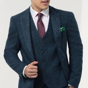 Men Custom Suit Tweed Wool Three Piece Style Navy Men's Suit For Wedding, Winter, Groom Wear and Grooms Men Suit