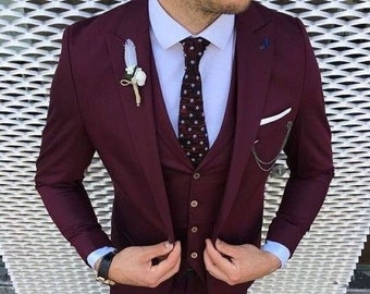 Men's Burgundy Three-Piece Suit, Slim Fit (Wedding, Groom, Prom)