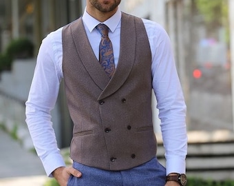 Men's Waistcoat: Brown Double-Breasted - Custom Fit for Formal Wear
