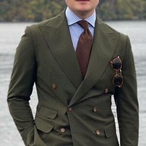 Men Bespoke Slim Fit Suit Classy Double Breast Two Piece Green Combination Men&#39;s Suit for Wedding , Prom, Groom wear & Groomsmen Suits