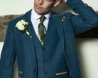 Men's Tweed Three-Piece Suit, Slim Fit, Teal (Wedding & Formal)