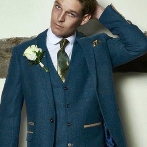 Men Bespoke Slim Fit Suit Tweed Three Piece Vintage Style Teal Mens Suit for Wedding, Engagement, Winter, Groom wear and Groomsmen Suits
