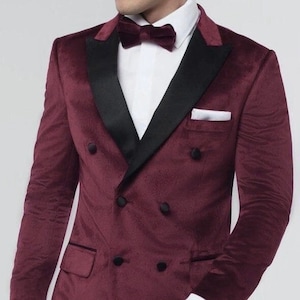 Men Suit Designer Double Breasted  Burgundy Velvet Tuxedo Men&#39;s Suit for Wedding, Engagement, Anniversary, Prom, Groom wear and Grooms Suit