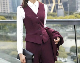 Women’s Burgundy Suit, Blazer, Vest & Pants (Custom Fit Available)