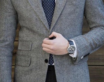 Men's Grey Blazer: Slim Fit Herringbone - Wedding and Formal Wear