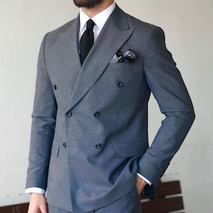 Men Custom Slim Fit Suit Classy Double Breast Two Piece Grey Mens Suit for Wedding, Engagement, Prom, Groom wear and Groomsmen Suits